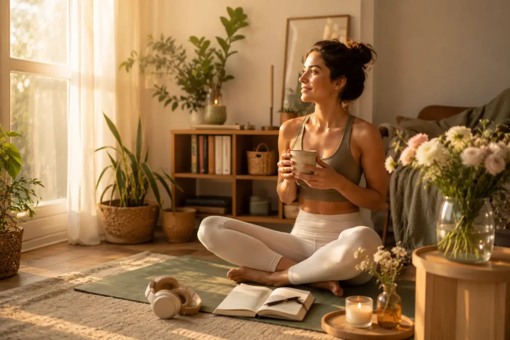 How to protect your peace : A woman enjoying yoga, plants, music, and quiet morning rituals that symbolize protecting inner peace through simple daily habits.