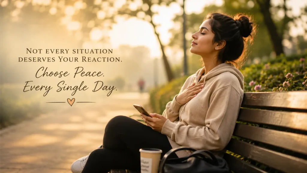 A woman taking a deep breath in a peaceful park before reacting, symbolizing the daily practice of protecting your peace and choosing where to invest your energy.