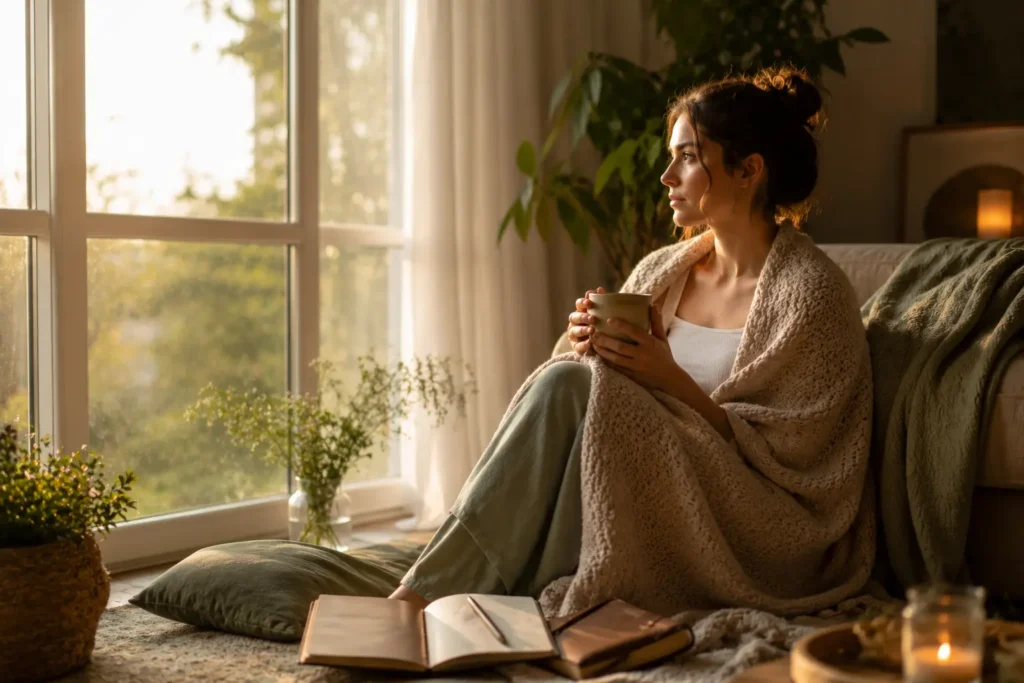 How to protect your peace : A woman sitting quietly by a window after an emotional moment, symbolizing emotional healing, resilience, and returning to inner peace.