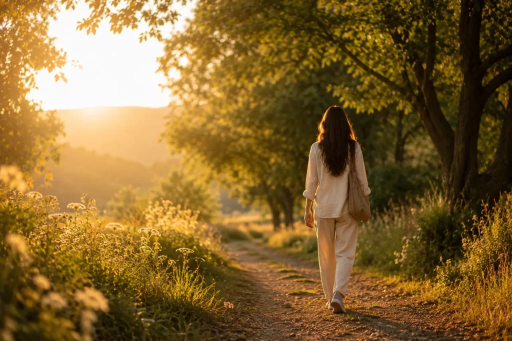 How to protect your peace : A person walking peacefully along a sunlit forest path, symbolizing hope, healing, self-discovery, and returning to inner peace.