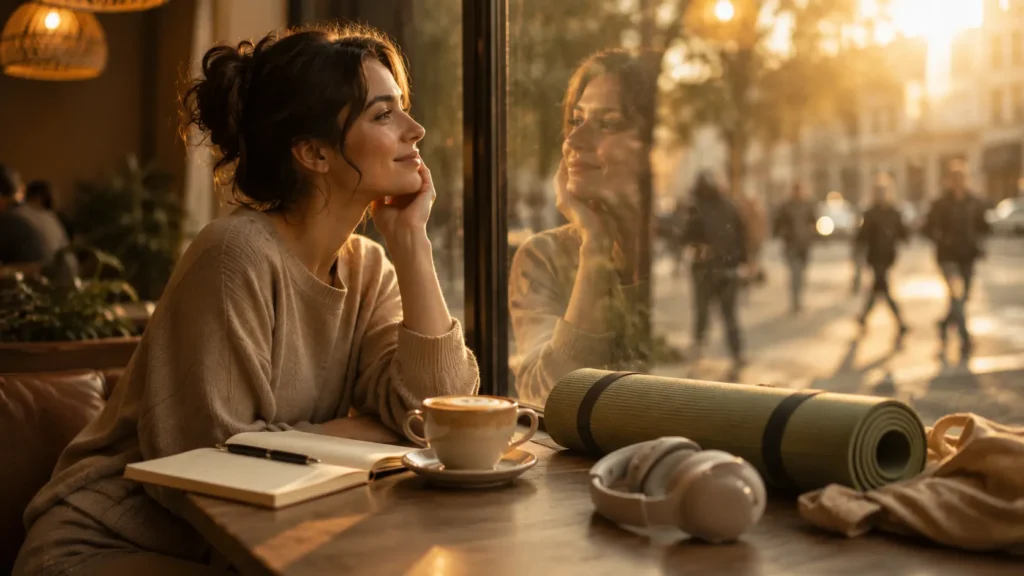 How to protect your peace : A peaceful person smiling at their reflection in a café window with a cappuccino, journal, headphones, and yoga mat, symbolizing daily habits that support inner peace and mental well-being.