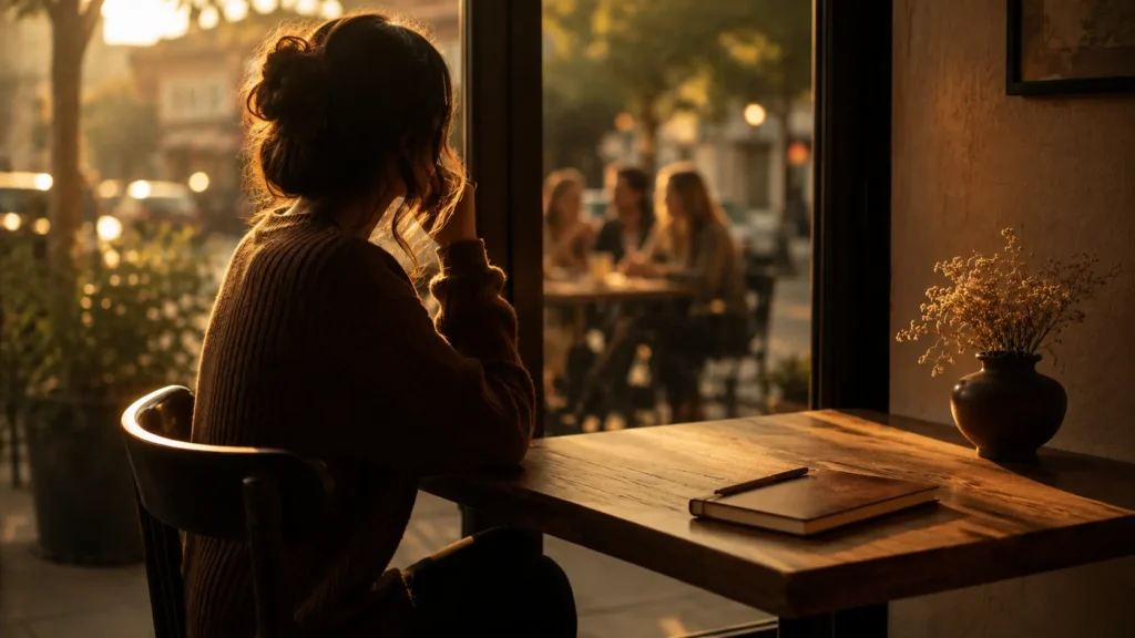 How to protect your peace : A girl sitting on a chair looking outside of a café, symbolizing the courage to say no, set healthy boundaries, and protect inner peace.
