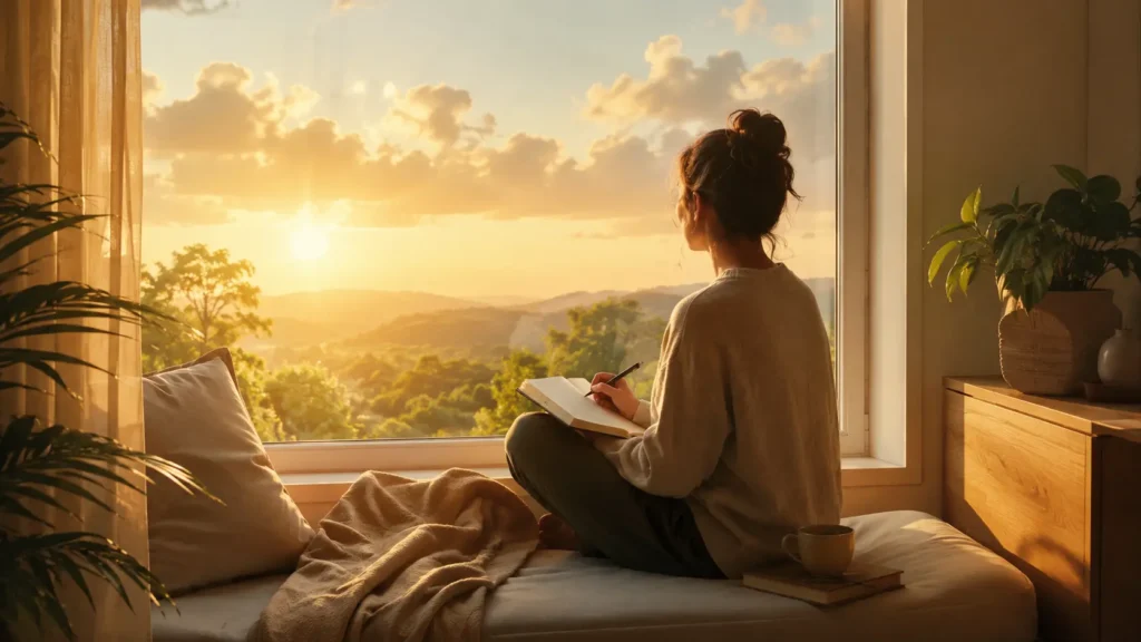 How to protect your peace :A person quietly reflecting with a journal near a window, illustrating self-awareness and the first step to protecting your peace by understanding emotions before reacting.