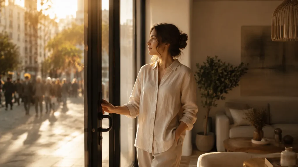 A calm person closing a glass door while standing in a peaceful home, symbolizing healthy boundaries and protecting energy from negative people.