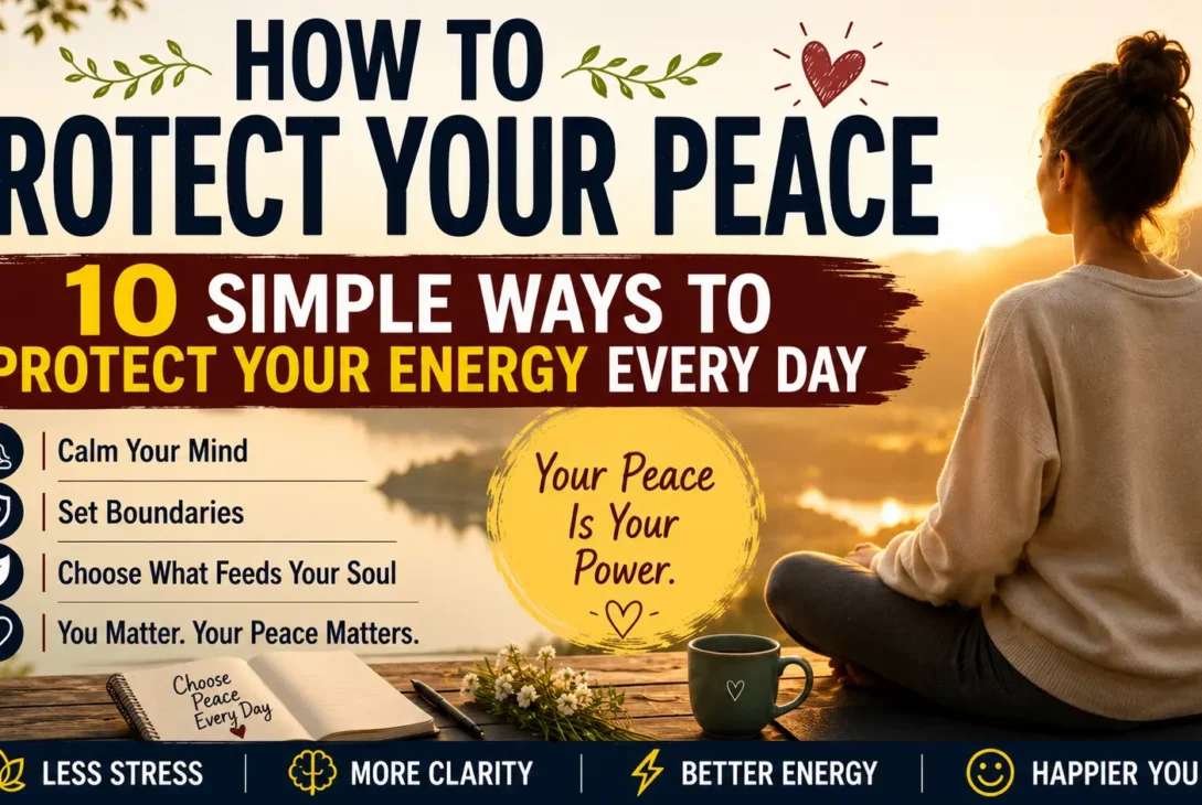 A peaceful woman sitting in nature at sunrise, representing inner peace and emotional wellness, with the title "How to Protect Your Peace: 10 Simple Ways to Protect Your Energy Every Day."