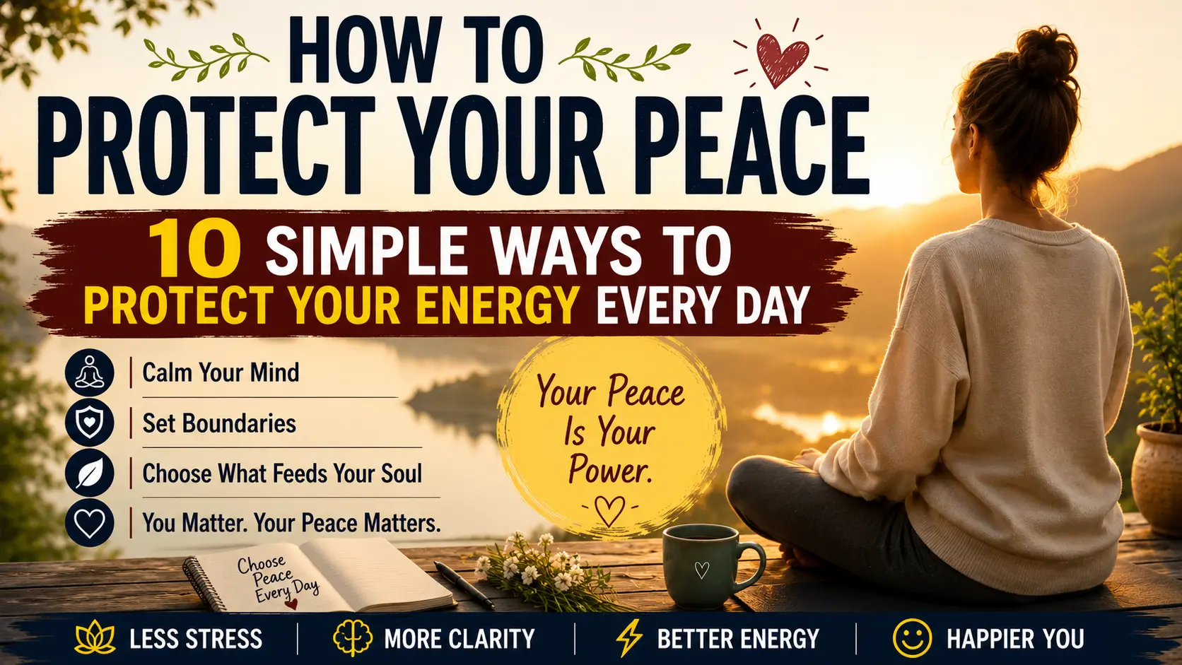 A peaceful woman sitting in nature at sunrise, representing inner peace and emotional wellness, with the title "How to Protect Your Peace: 10 Simple Ways to Protect Your Energy Every Day."
