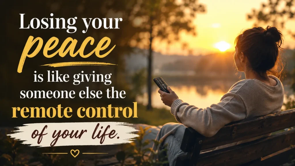 How to Protect your peace : A woman holding a remote control while sitting in nature, symbolizing how losing your peace means letting other people's opinions control your emotions.