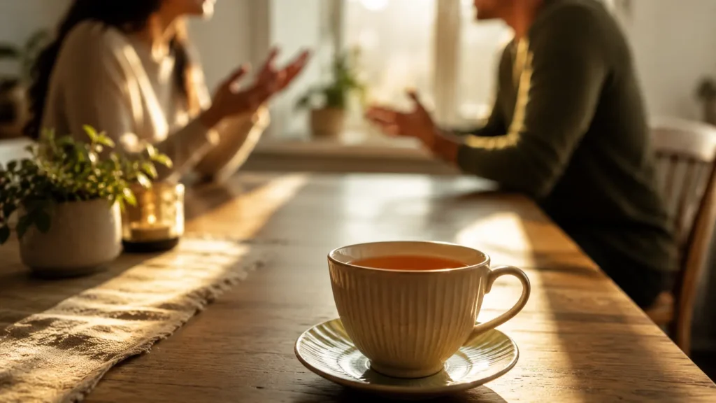 How to protect your peace : A peaceful cup of tea in focus with two blurred people disagreeing in the background, symbolizing how trying to control others can disturb inner peace.