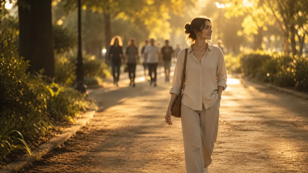 How to Protect your peace :A peaceful person walking confidently along a sunlit path while others walk in a different direction, symbolizing healthy boundaries, self-respect, and protecting inner peace.