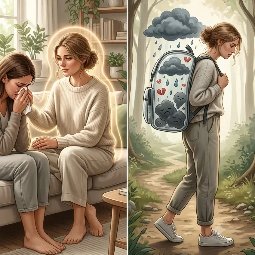 Hot to stop absorbing other people's emotion A compassionate woman supporting a friend while staying emotionally grounded, contrasted with emotional absorption symbolised by carrying another person's emotional burden.