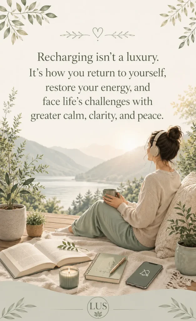 Hot to Protect your Peace : A peaceful woman relaxing with a book, coffee, and headphones while enjoying a calm mountain view, symbolizing rest, mindfulness, and recharging the mind and soul.