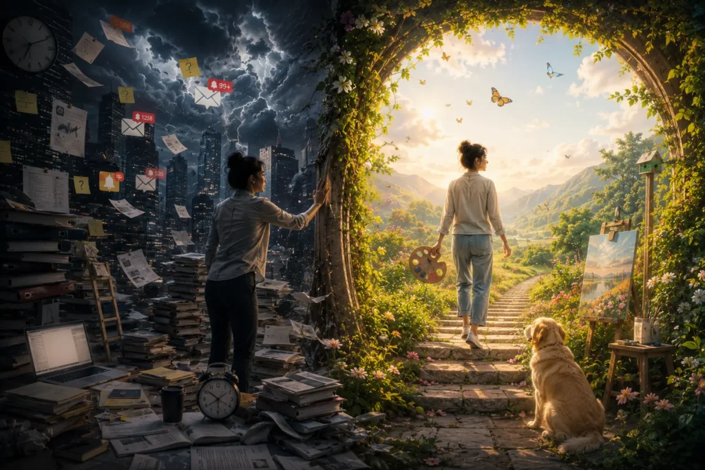 A symbolic split-scene illustration showing the biggest myth about finding inner peace, where a woman leaves a chaotic world of endless achievements and pressure behind to embrace a bright, peaceful path, representing that true inner peace comes from a calm mind rather than perfect circumstances.