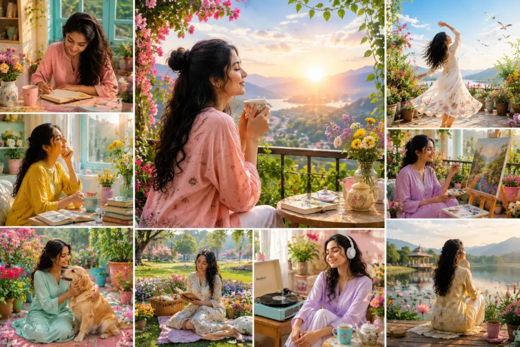 Daily habits that protect your peace Colorful editorial collage of a young Indian woman embracing peaceful daily habits through tea, nature, flowers, music, reading, creativity, and quiet moments in a vibrant, sunlit environment that symbolizes emotional healing and inner peace.