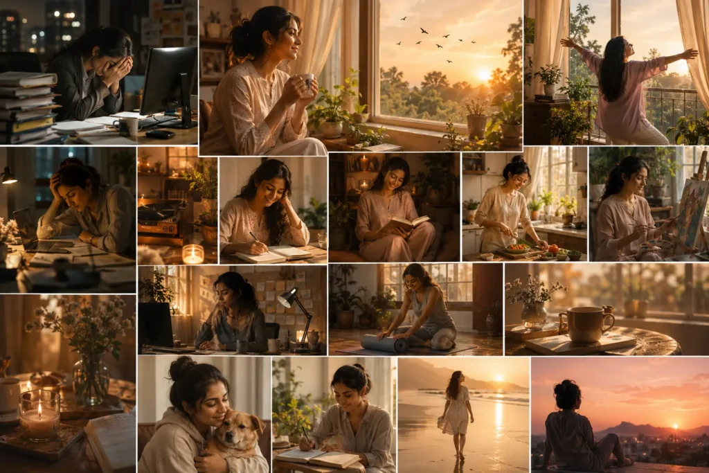 Daily habits that protect your peace Emotionally warm collage showing a young Indian woman transforming from work stress to inner peace through small daily habits like enjoying tea, journaling, spending time with nature, dancing, reading, and creating a calm home environment