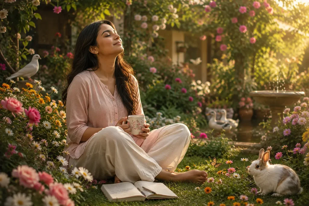 Daily habits that protect your peace Young Indian woman peacefully breathing in a beautiful flower garden surrounded by nature, practicing daily habits that protect inner peace and emotional well-being.