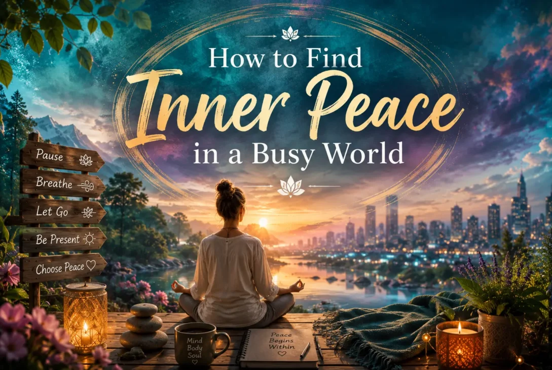 A peaceful woman meditating beside a calm lake with a soothing sunrise, symbolizing how to find inner peace in a busy world through mindfulness, balance, and self-care.
