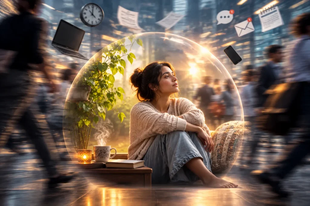 A woman finding calm and emotional balance inside a peaceful space while surrounded by a busy city, symbolizing how to find inner peace in a busy world despite daily stress, distractions, and constant responsibilities.