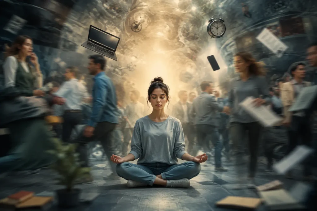 A calm woman meditating peacefully while surrounded by a busy, chaotic world, symbolizing how to find inner peace in a busy world despite stress, distractions, and daily responsibilities.