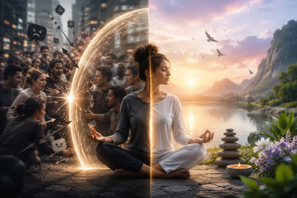 Split-screen illustration showing the difference between protecting your peace and finding inner peace in a busy world, with a woman shielding herself from chaos on one side and meditating peacefully in nature on the other, symbolizing emotional boundaries, mindfulness, and inner calm.