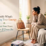 Woman sitting quietly after feeling emotionally exhausted while learning how to identify what's draining her energy and protect her peace.