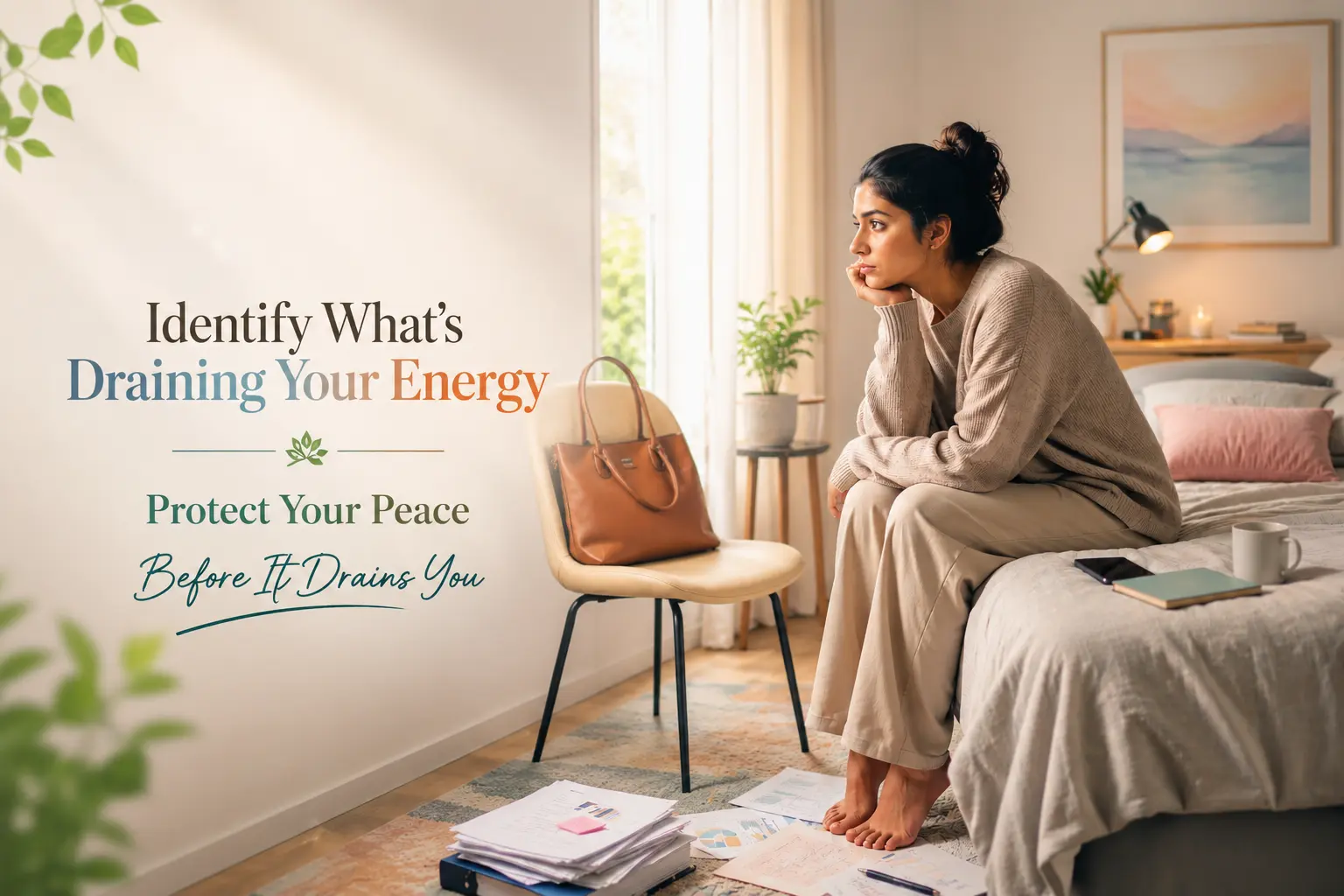 Woman sitting quietly after feeling emotionally exhausted while learning how to identify what's draining her energy and protect her peace.