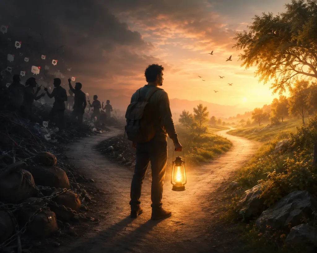 How to protect your peace : A person standing at a crossroads chooses a peaceful path over one filled with emotional stress, negative thoughts, and chaos, symbolizing the importance of identifying energy drains to protect inner peace.