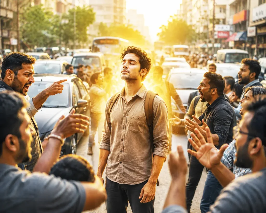 How to protect your peace : A calm person remains peaceful in the middle of a busy, chaotic street filled with traffic and arguments, symbolizing emotional self-control during difficult situations