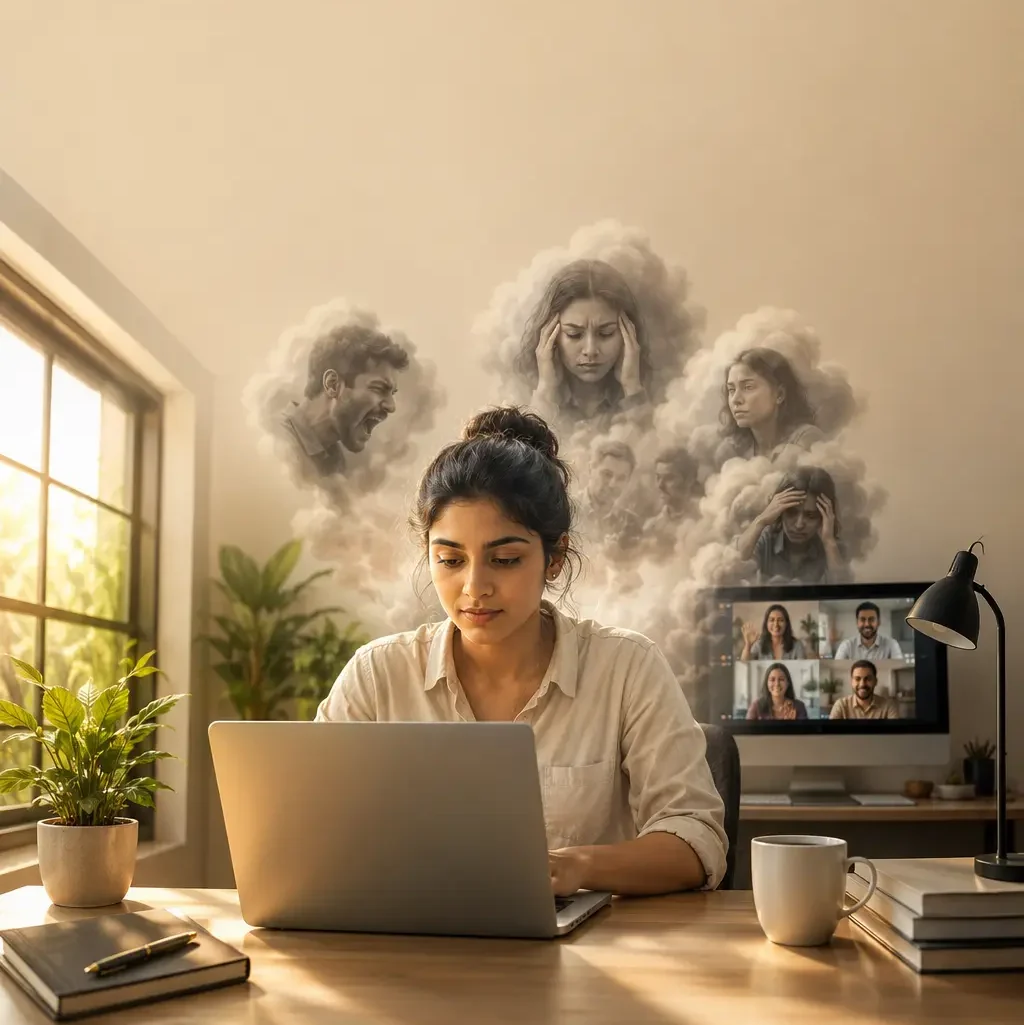 How to stop absorbing other people's emotions A young professional learning to separate their own feelings from other people's emotions after a workplace meeting, symbolising emotional awareness and inner peace.