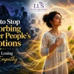A peaceful Indian woman surrounded by emotional chaos while maintaining healthy emotional boundaries, representing how to stop absorbing other people's emotions without losing empathy
