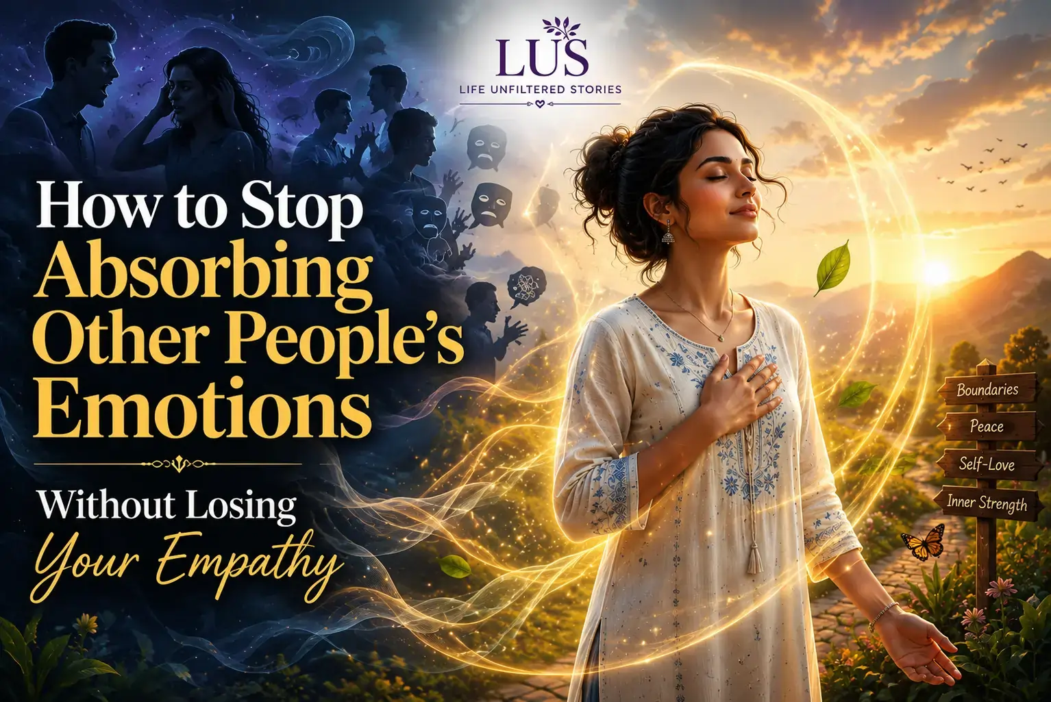 A peaceful Indian woman surrounded by emotional chaos while maintaining healthy emotional boundaries, representing how to stop absorbing other people's emotions without losing empathy