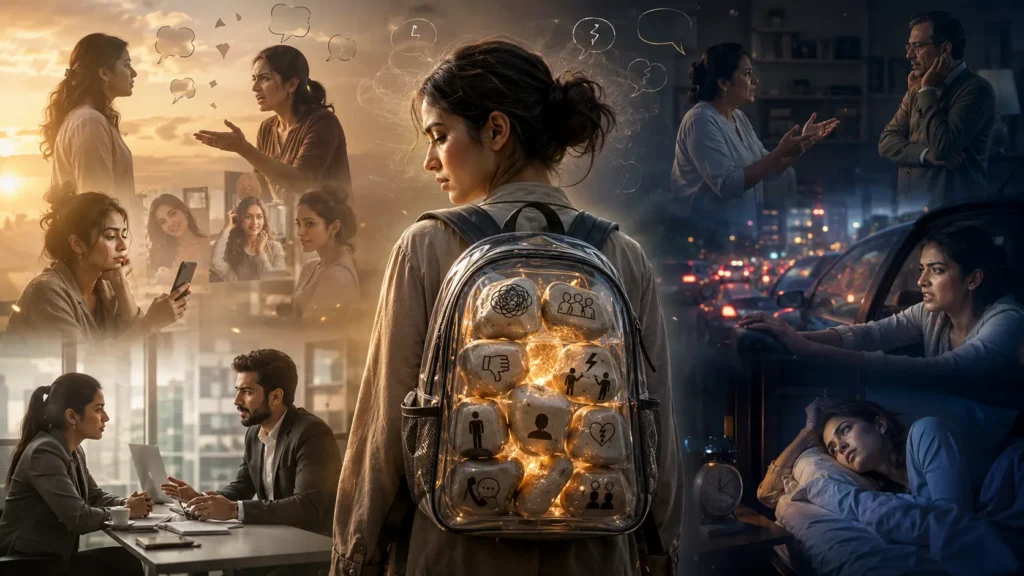 Identify What's Draining your Energy What does energy drain really mean? A conceptual collage showing emotional baggage, overthinking, and mental exhaustion affecting daily life.