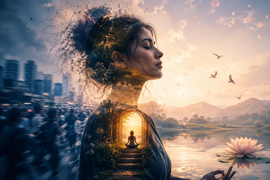 A surreal double-exposure illustration representing inner peace, showing a calm woman with a peaceful natural landscape within her silhouette while a busy city fades into the background, symbolizing how to find inner peace in a busy world through mindfulness, self-awareness, and emotional balance.