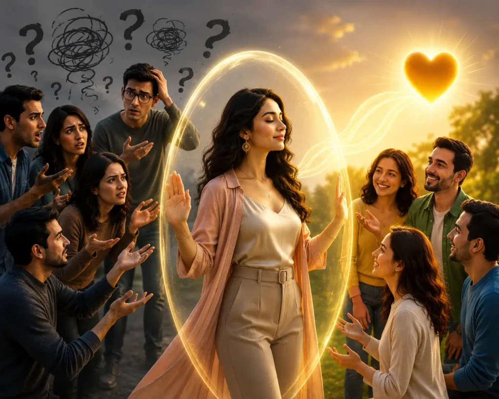 Emotional Intelligence in Relationships showing a woman setting healthy emotional boundaries while surrounded by supportive and confused people.