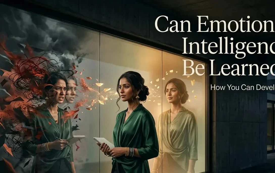 A visual comparison with the question 'Can Emotional Intelligence Be Learned?' showing one image of a woman experiencing emotional turmoil and confusion, and another of the same woman appearing self-aware and skilled, alongside the answer 'How You Can Develop It'.