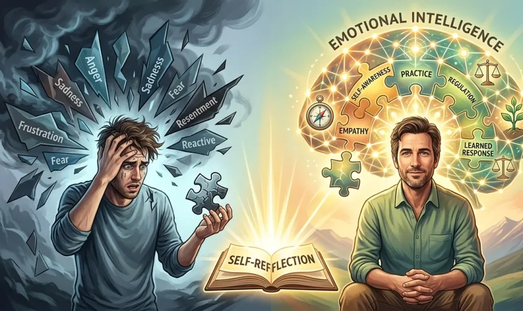 Ek surreal infographic jo yeh darshata hai ki can emotional intelligence be learned. Yeh ek overwhelmed insaan ko chaos se self-awareness tak transform karte hue dikhata hai, jisme practice, empathy aur control ko cohesive learning elements ke roop mein dikhaya gaya hai