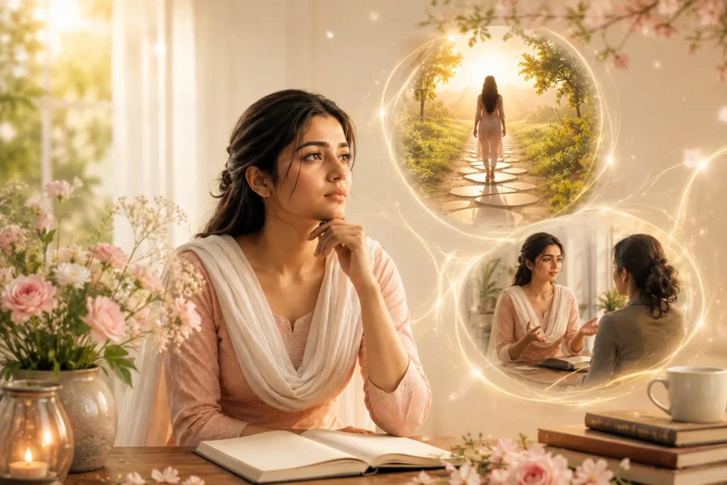 How to respond instead of react Emotional intelligence visual showing a woman pausing and choosing a thoughtful response instead of reacting emotionally
