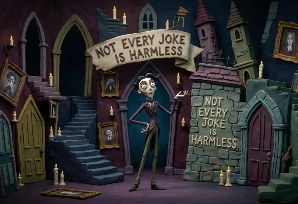 Stop-motion animation character in a Gothic setting with banners reading'Not Every Joke Is Harmless', illustrating emotional intelligence in relationships and the impact of insensitive humor.