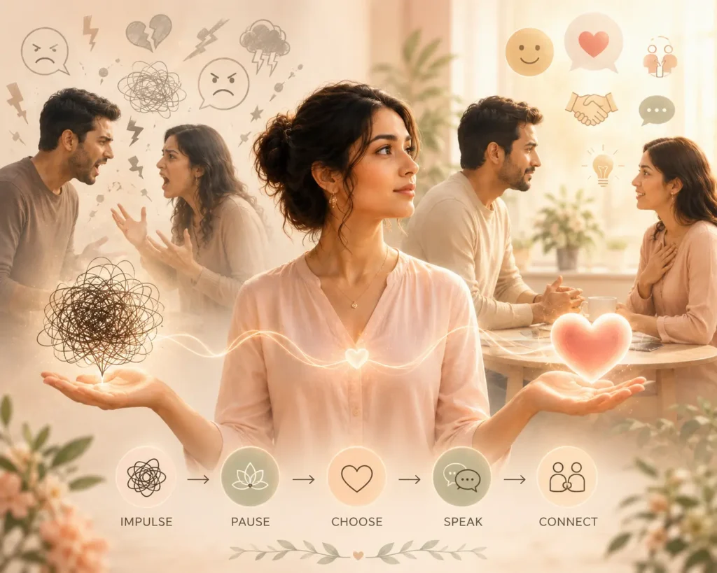 Emotional Intelligence in Relationships showing how pausing, choosing the right emotion, and speaking calmly can turn conflict into understanding and deeper connection.