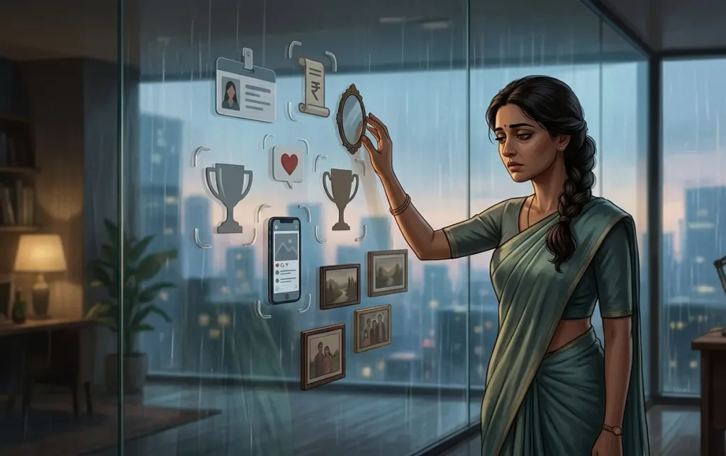 An Indian woman looks emotionally exhausted while interacting with symbolic icons on a glass wall, illustrating the struggle with self-worth and a need for external validation.
