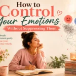A calming illustration showing how to control your emotions without suppressing them through mindfulness, emotional awareness, journaling, and self-compassion