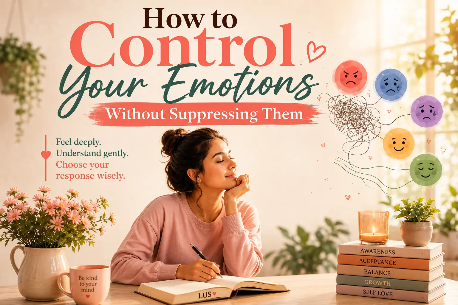 A calming illustration showing how to control your emotions without suppressing them through mindfulness, emotional awareness, journaling, and self-compassion