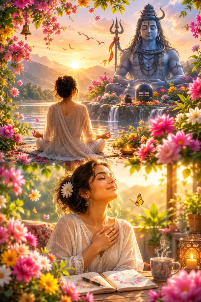 A vibrant, flower-filled spiritual collage illustrating How to Control Your Emotions Without Suppressing Them, featuring a peaceful woman meditating before Lord Mahadev (Shiva) and journaling in a serene garden surrounded by colorful flowers, mountains, and golden sunrise, symbolizing emotional healing, inner peace, self-awareness, and mindful acceptance.