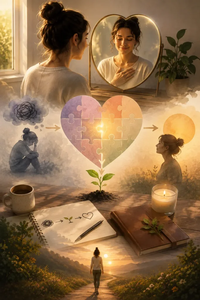 How to develop emotional intelligence through self-awareness, emotional acceptance, personal growth, and self-reflection, illustrated with a peaceful symbolic journey from emotional struggle to inner calm and resilience.