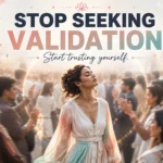 How to stop seeking validation from others with a stylish woman confidently standing apart from a blurred crowd in soft pastel tones