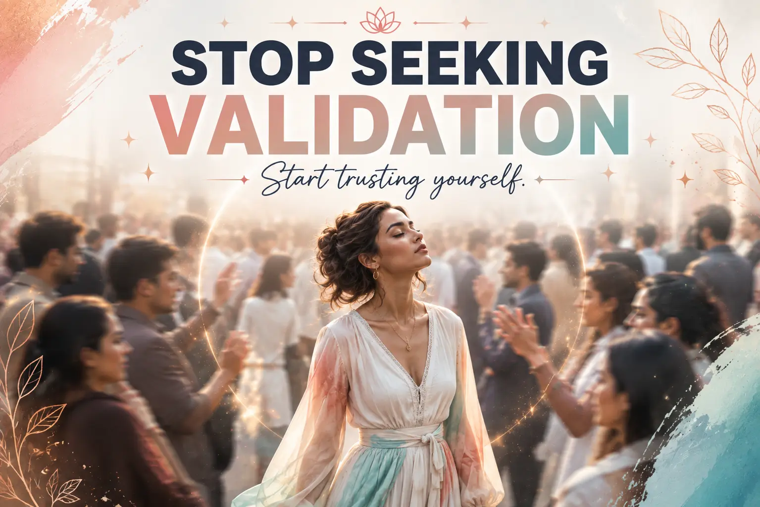 How to stop seeking validation from others with a stylish woman confidently standing apart from a blurred crowd in soft pastel tones