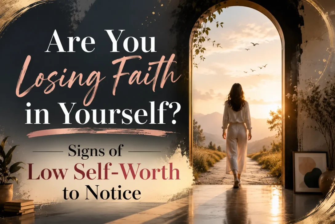 Signs of low self-worth and self-doubt represented by a woman walking toward a brighter path