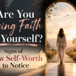 Signs of low self-worth and self-doubt represented by a woman walking toward a brighter path