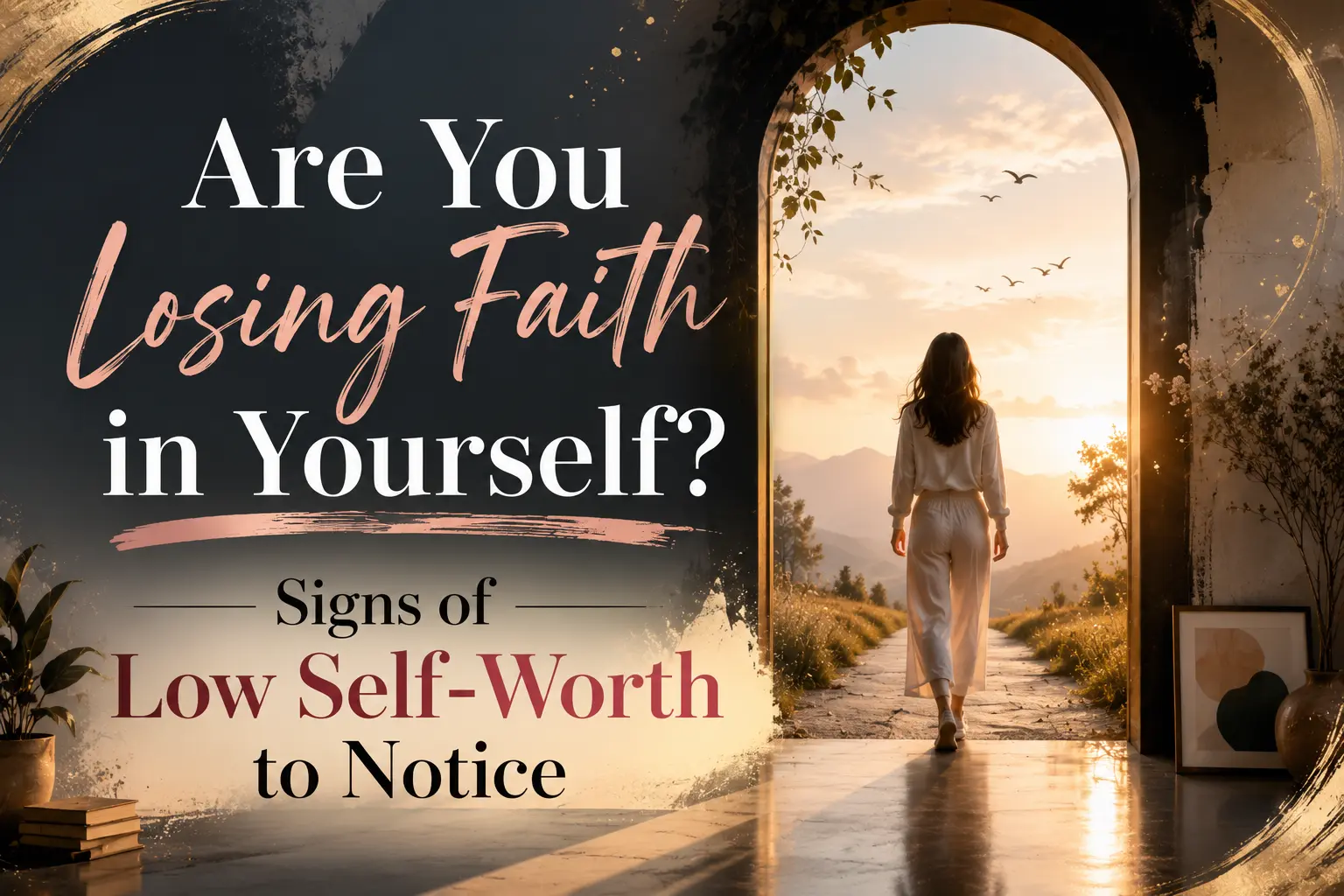 Signs of low self-worth and self-doubt represented by a woman walking toward a brighter path
