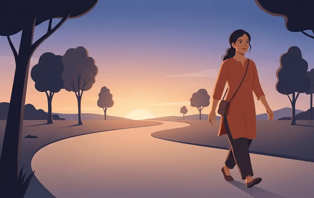 An animated illustration of an Indian woman in orange and black clothes walking confidently on a winding road at sunset, framed by stylized trees, representing a journey of self-worth and resilience.