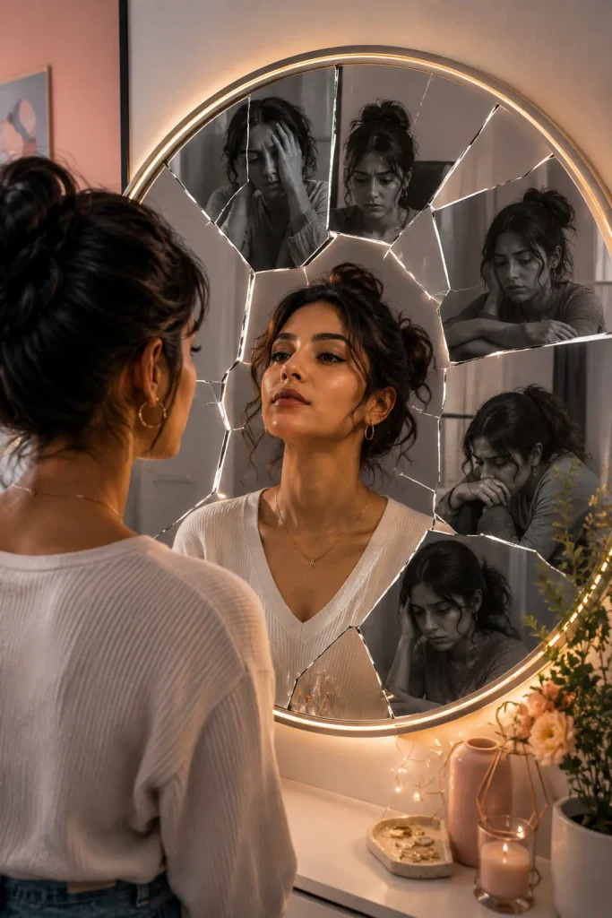 What is low self-worth represented by a woman seeing fragmented, self-critical reflections in a mirror